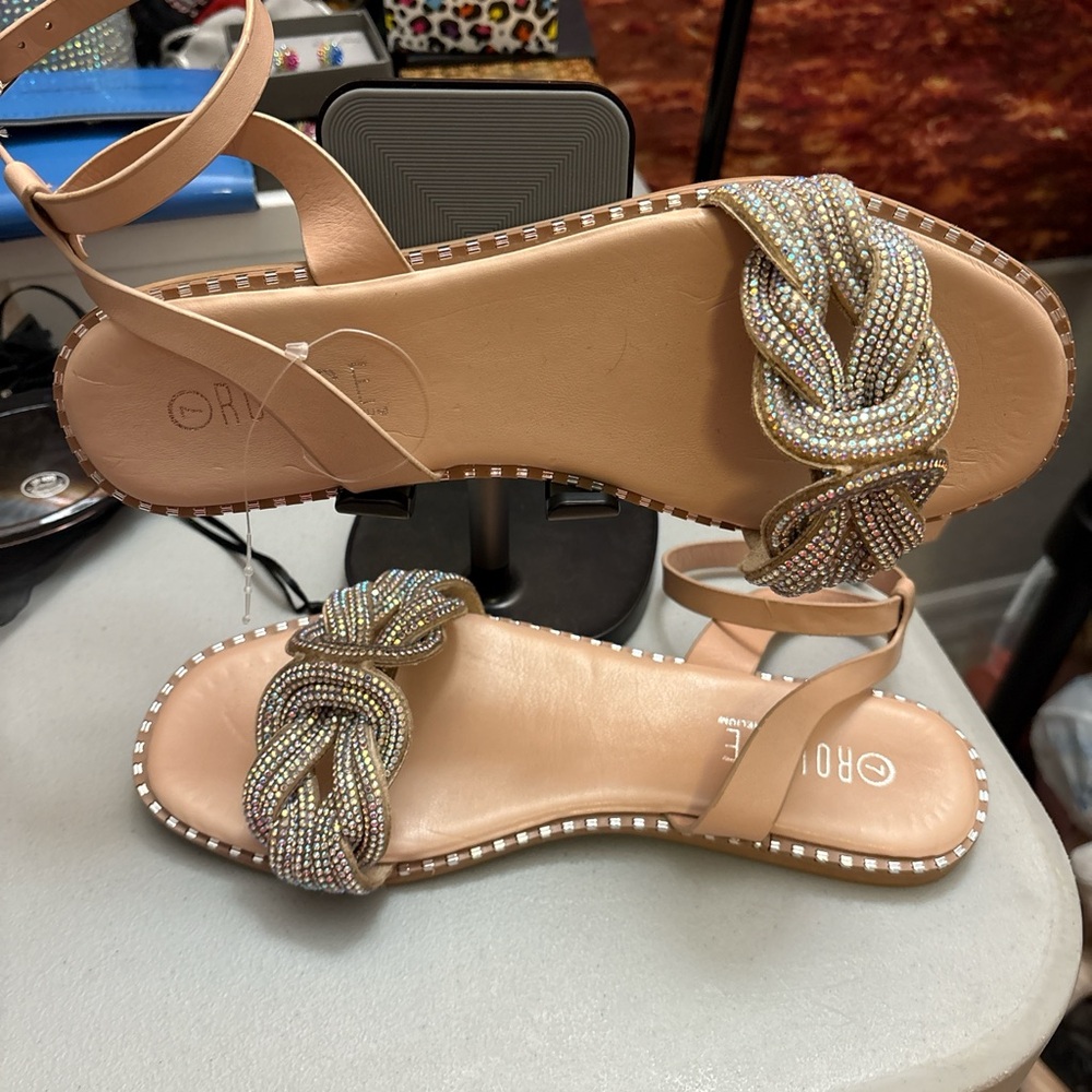 Rouge Helium Braided Beaded Sandals - Tan and Silver